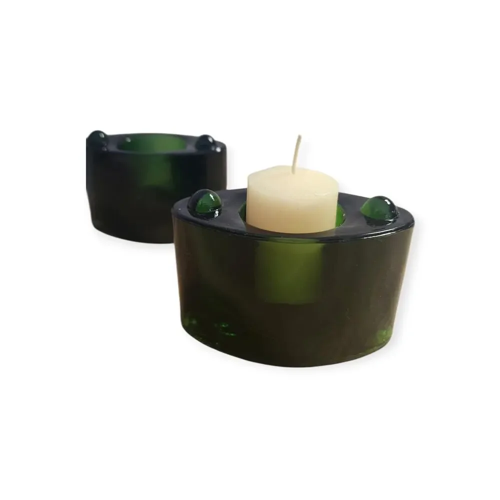 Vintage MCM Green Cats Eye Glass Single Votive Candle Holders Pair of 2